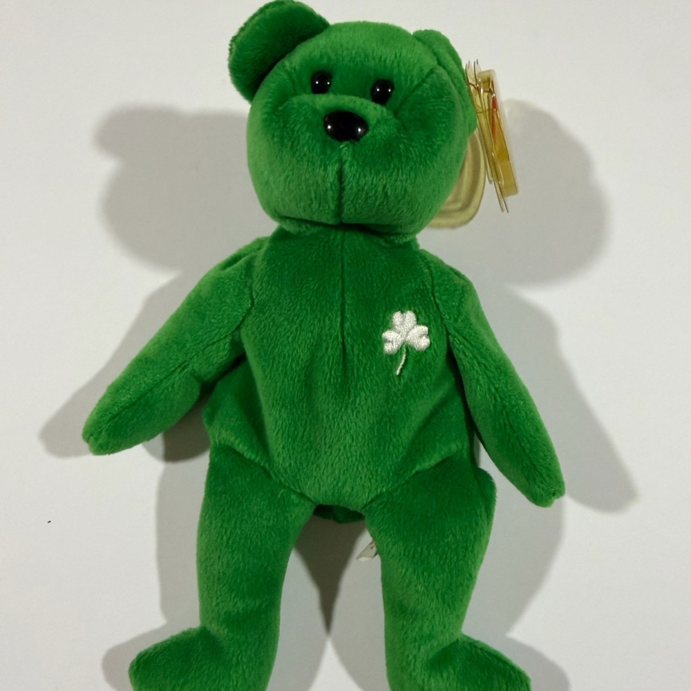 Ty Beanie Baby Shamrock Green Bear - Green with White Clover